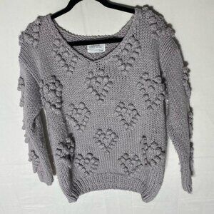 Chicwish Handmade Purple Grey V Neck Textured Bubble Knit Hearts Sweater M